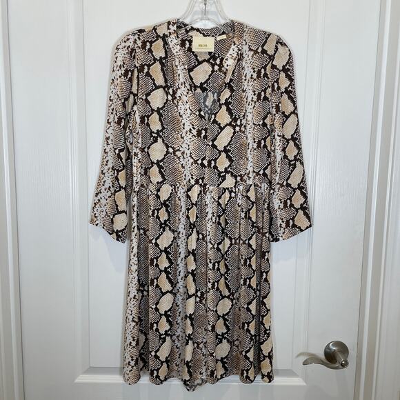 Anthropologie Maeve Juno Snake Print Dress Brown White Vneck Knee Length S - Picture 2 of 5